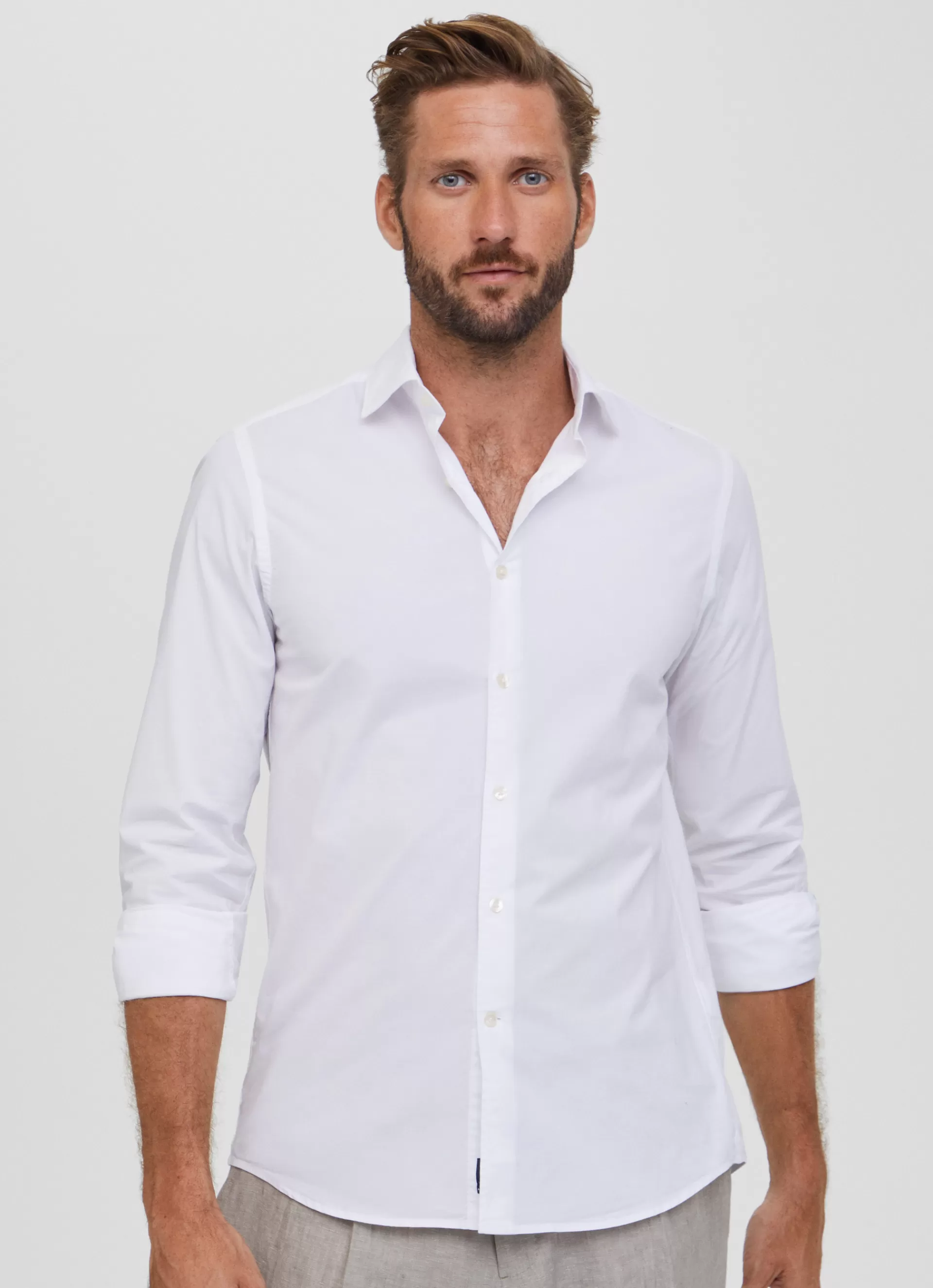 Chemises>Façonnable Chemise A Col Italien En Popeline White